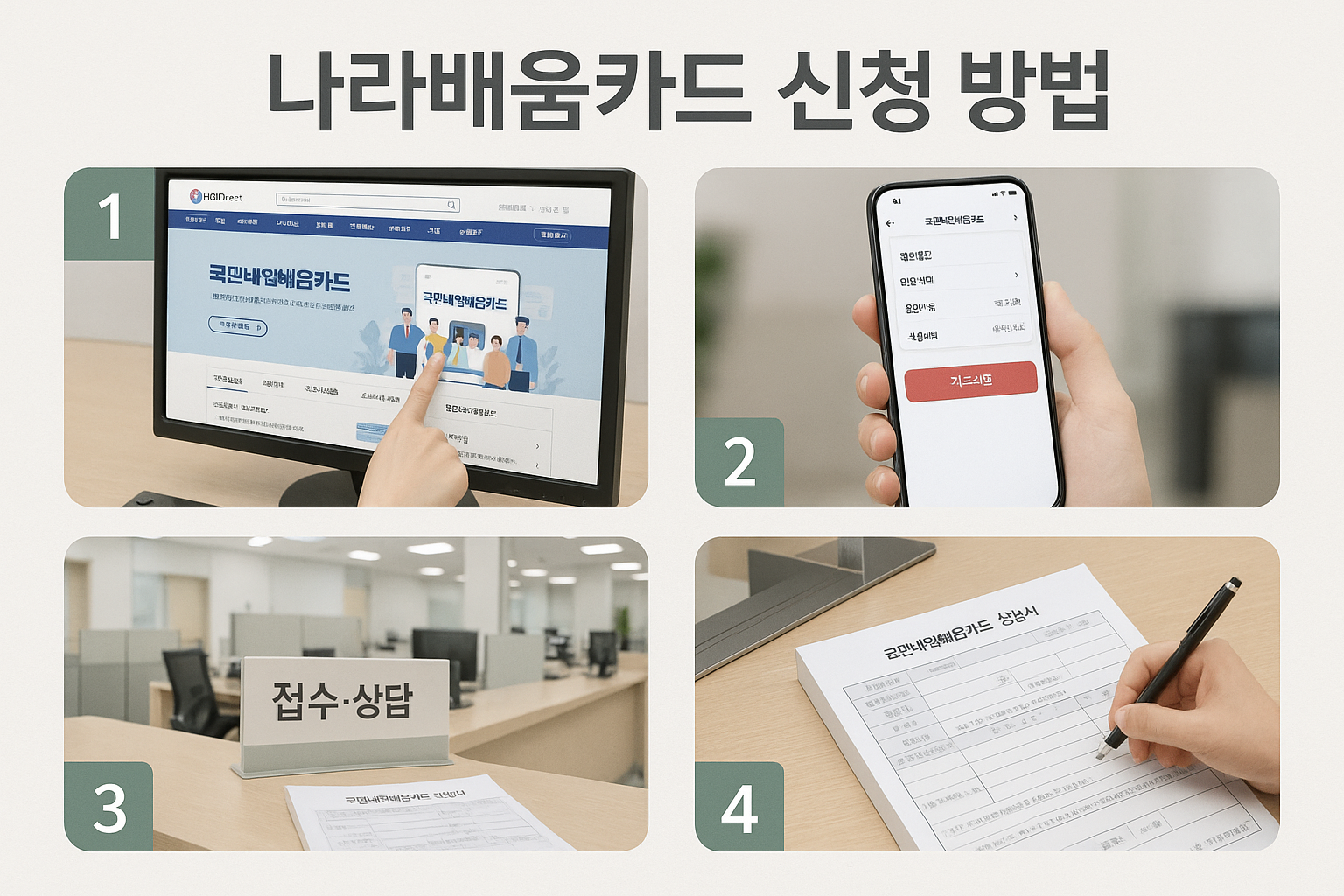 Step-by-step visual guide showing 나라배움카드 application process, hands navigating H