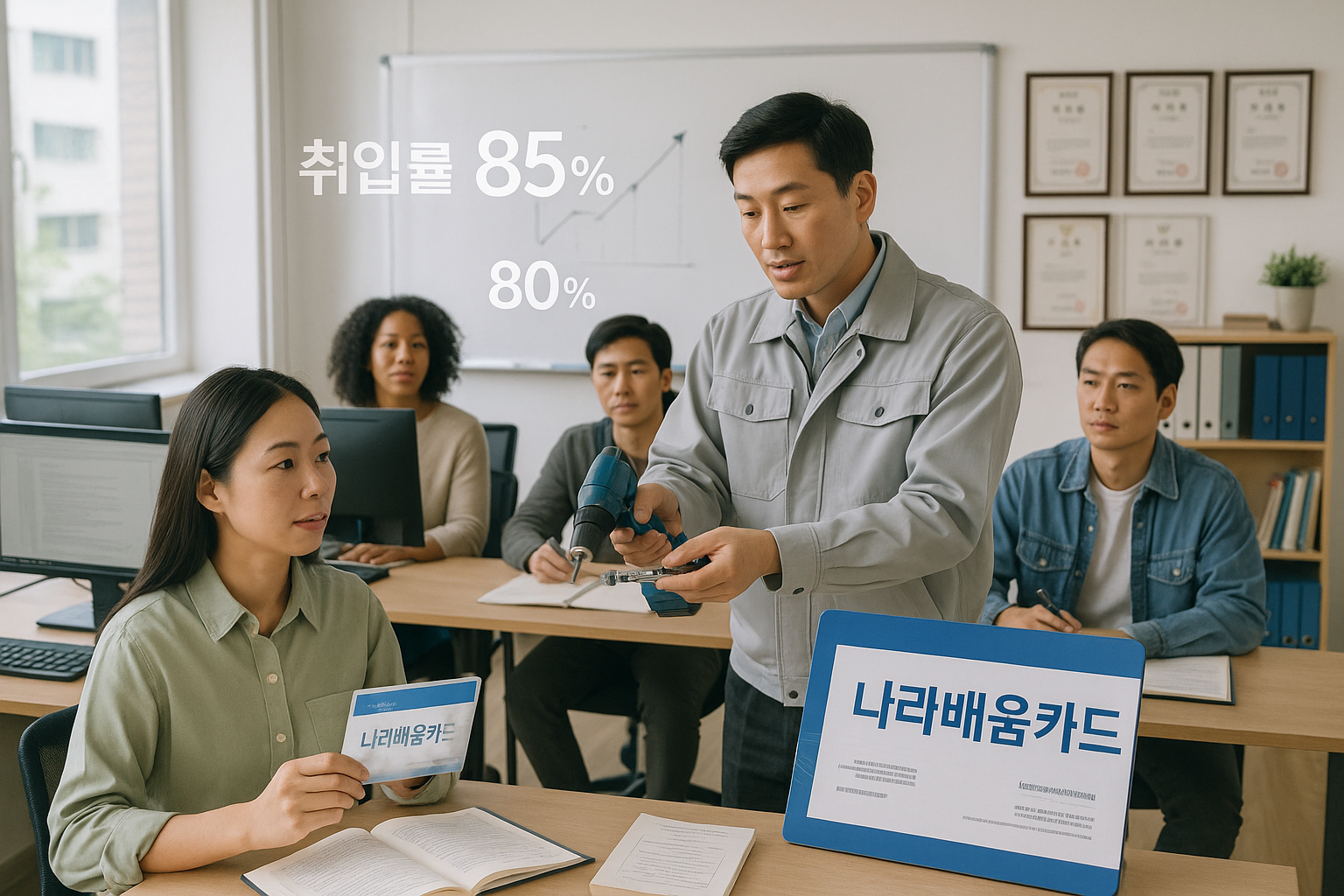 Korean professional attending vocational training class using 나라배움카드, modern cla