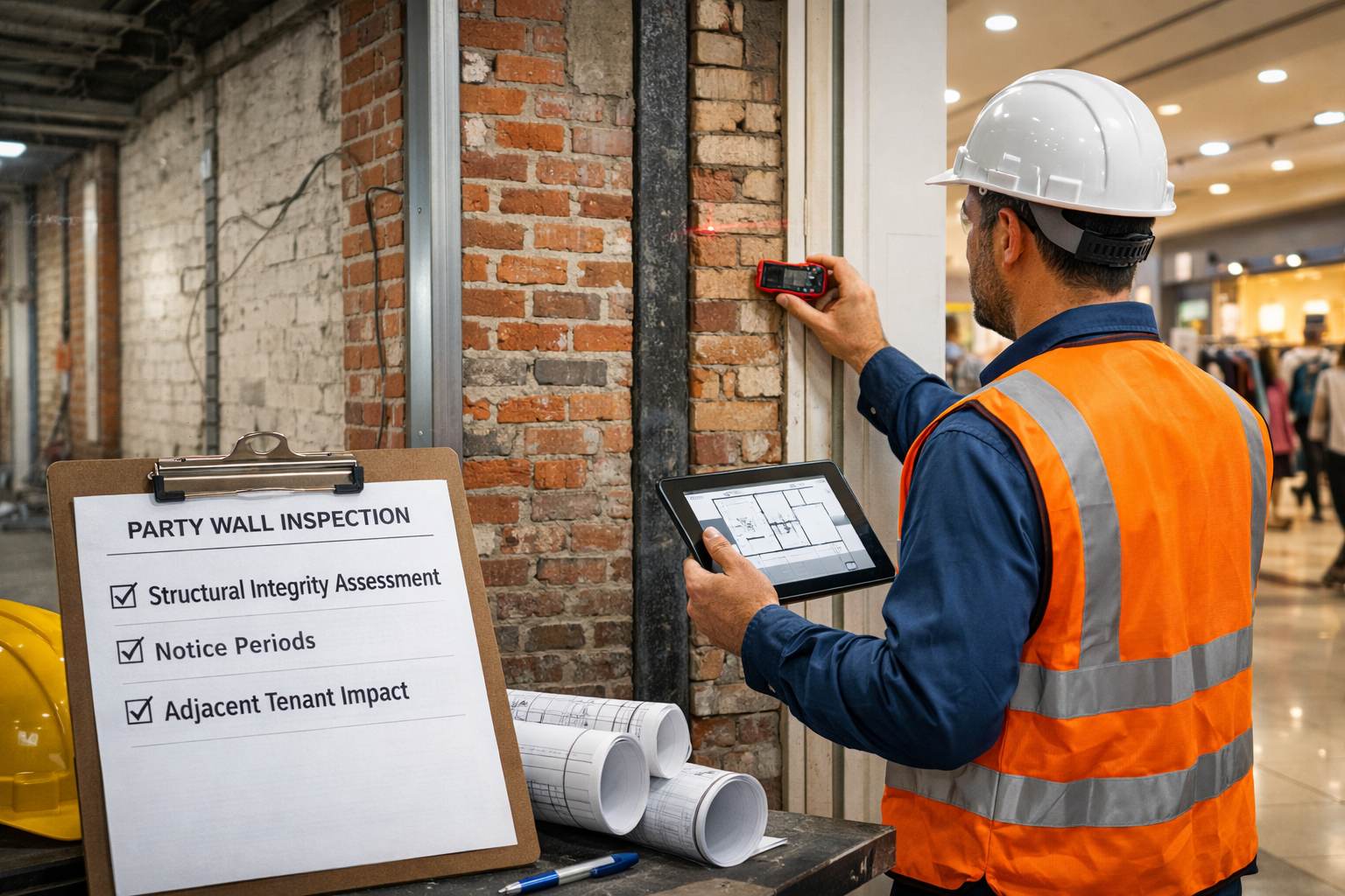Detailed landscape format (1536x1024) image showing surveyor with tablet and laser measuring device inspecting shared party wall between two