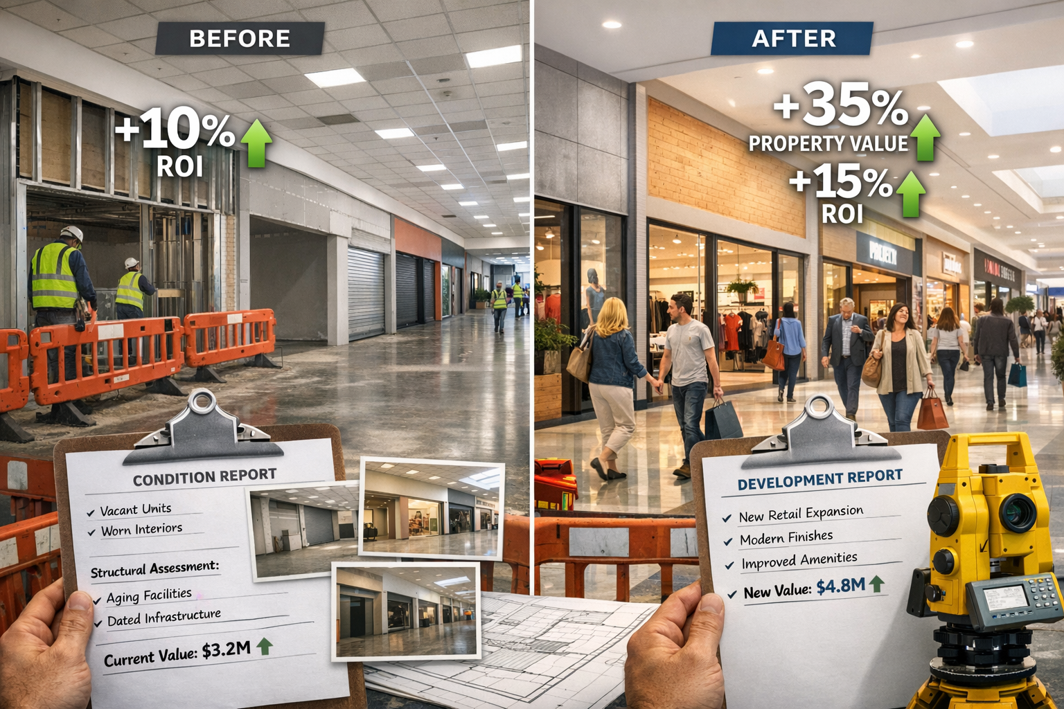 Detailed landscape format (1536x1024) image showing split-screen comparison of shopping centre expansion project: left side shows 'Before' w
