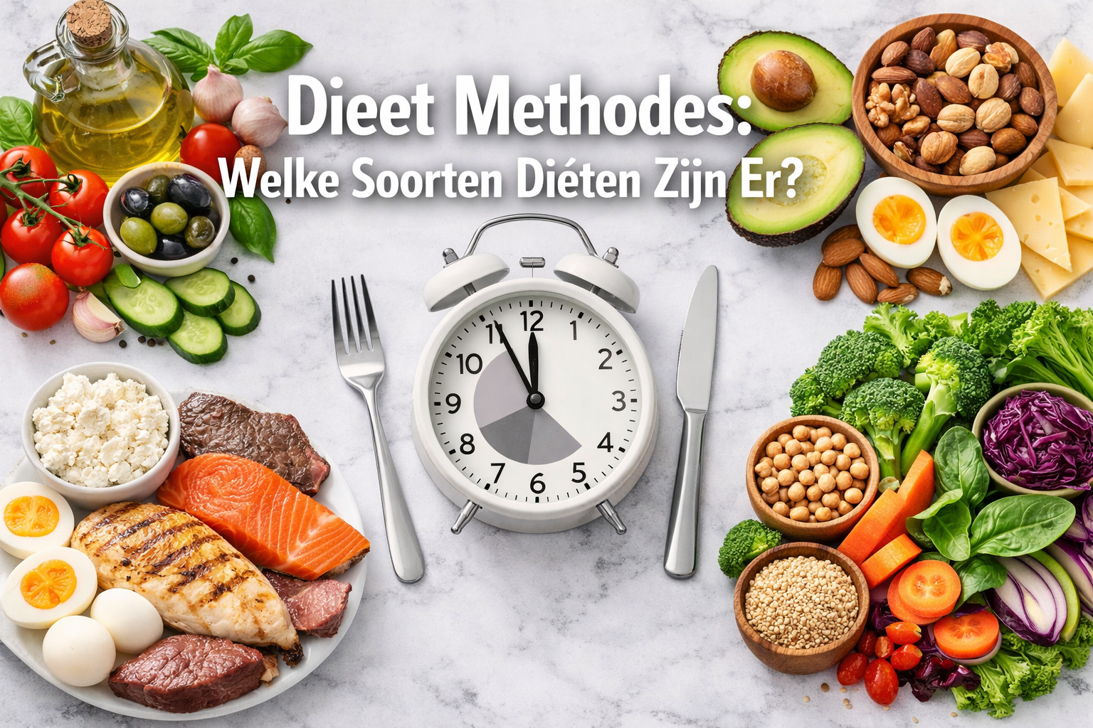 Professional landscape format (1536x1024) editorial hero image featuring bold white text overlay 'Dieet Methodes: Welke Soorten Diëten Zijn