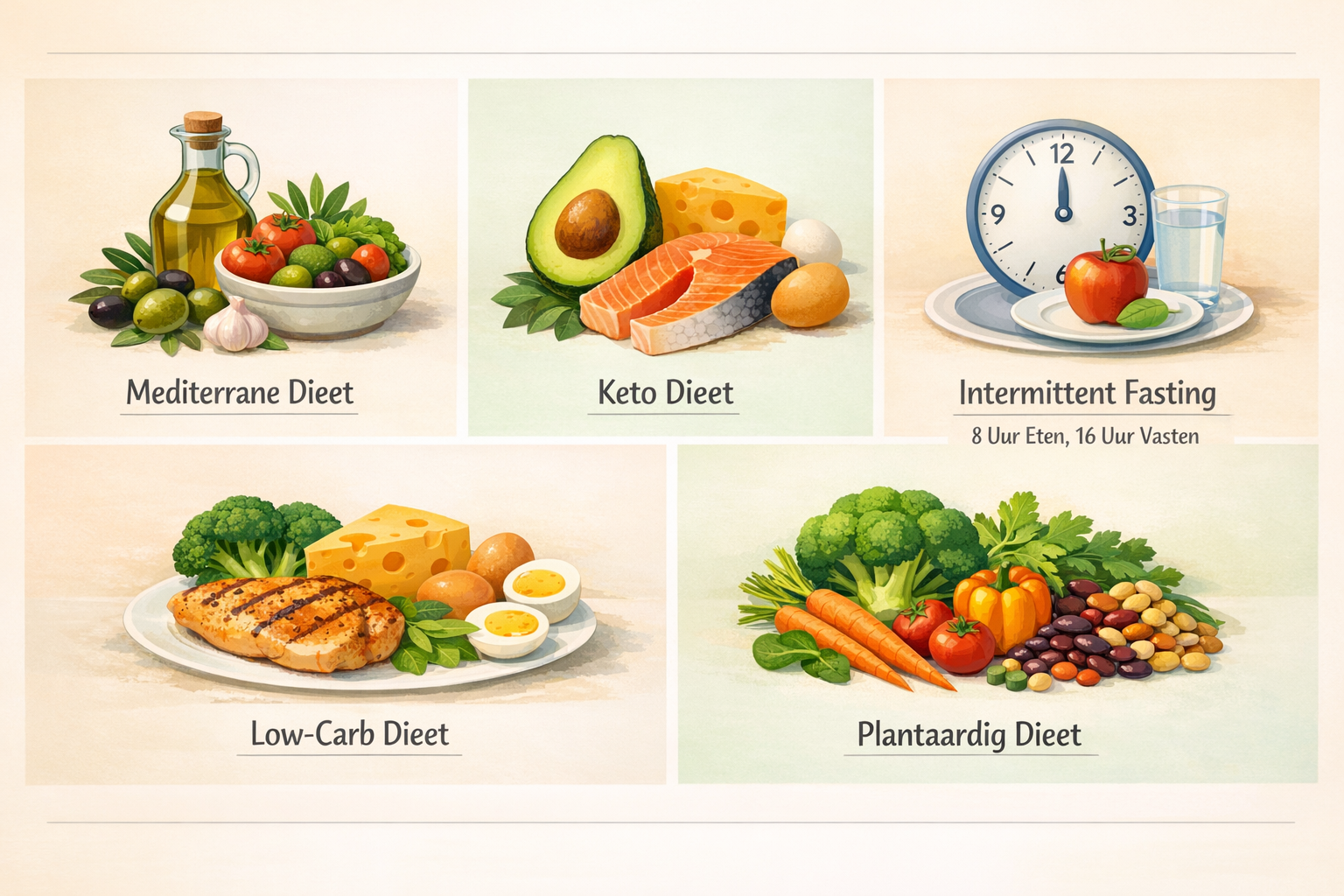 Detailed landscape format (1536x1024) image showing visual comparison chart of popular diet methods arranged in clean grid layout. Each diet