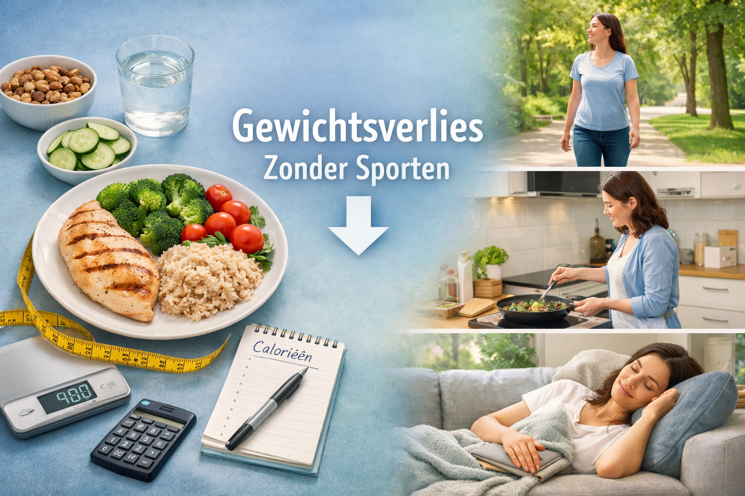 Detailed landscape format (1536x1024) composition illustrating calorie deficit concept without exercise. Split-screen visual: left side show