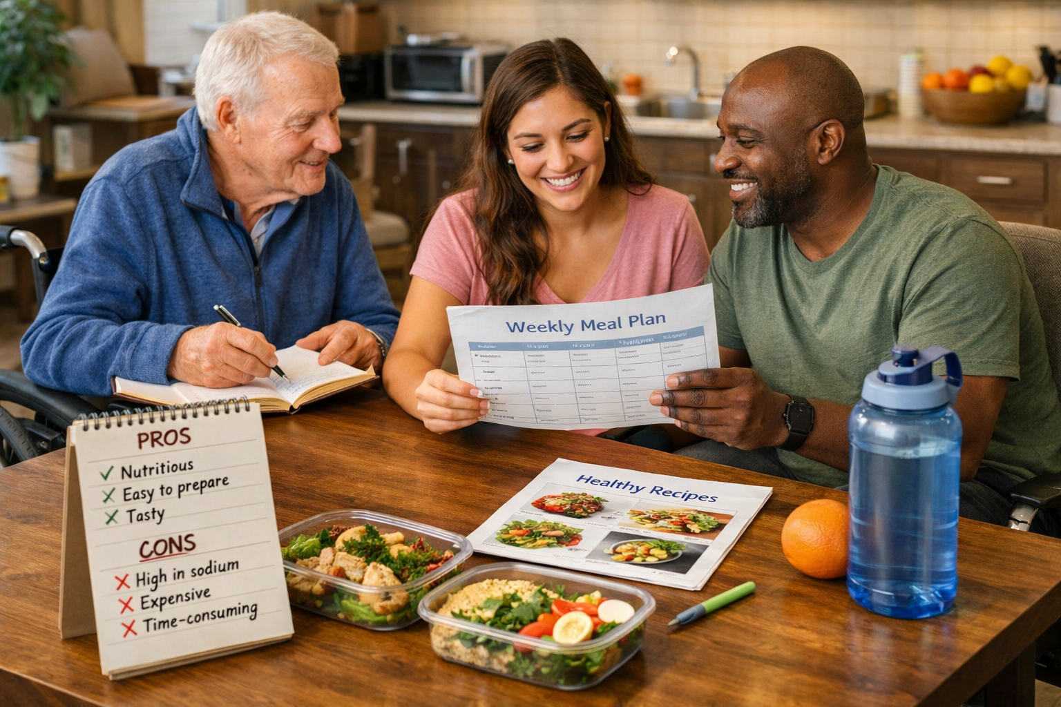 Detailed landscape format (1536x1024) image depicting personalized diet selection process for people with physical limitations. Central figu