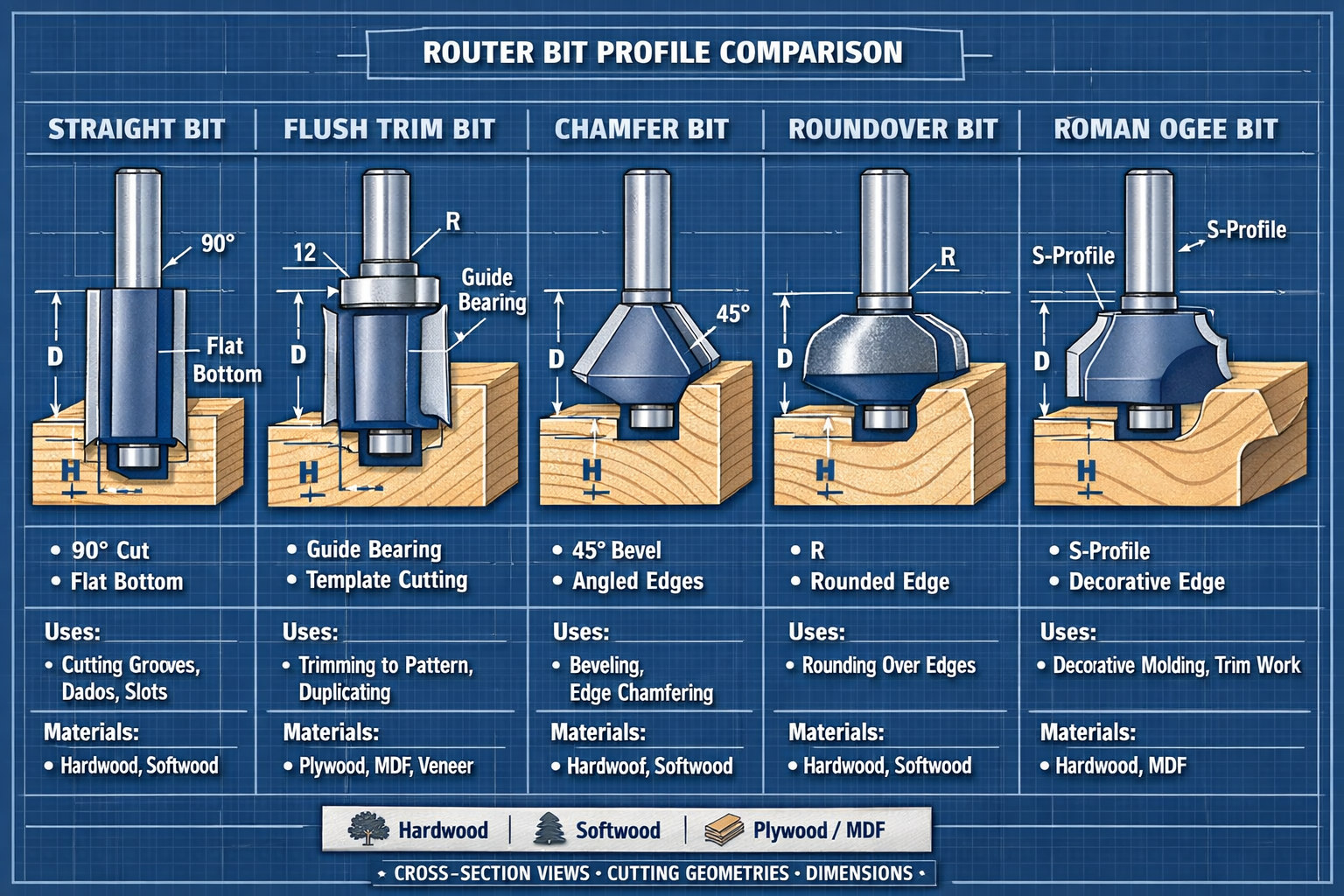 Detailed technical illustration of router bit profiles in woodworking, showcasing side-by-side comparison of straight, flush