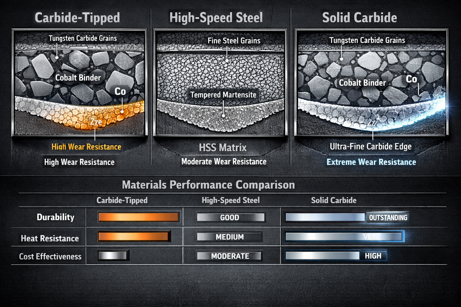 Professional materials science visualization comparing router bit compositions: carbide-tipped, high-speed steel, and solid