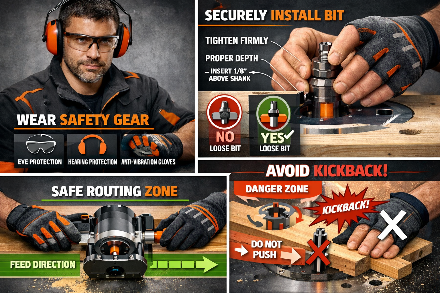 Comprehensive woodworking safety demonstration featuring professional router bit handling techniques. Split-screen