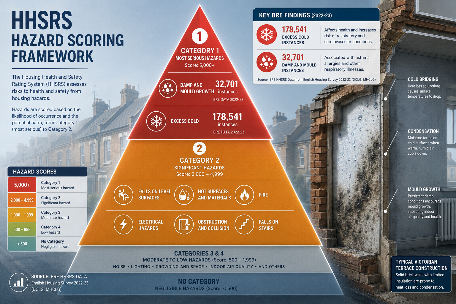 Detailed () editorial illustration showing the HHSRS hazard scoring framework as a clean infographic: a vertical risk