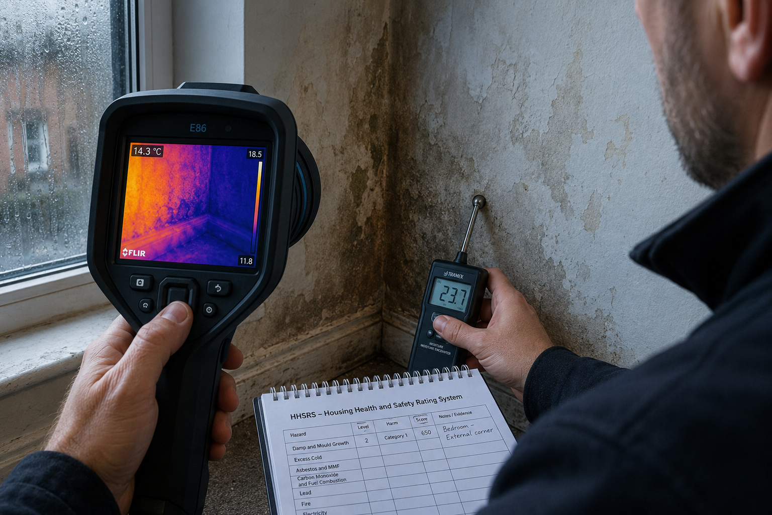 Detailed () close-up scene of a building surveyor conducting a damp inspection inside a private rented property: surveyor