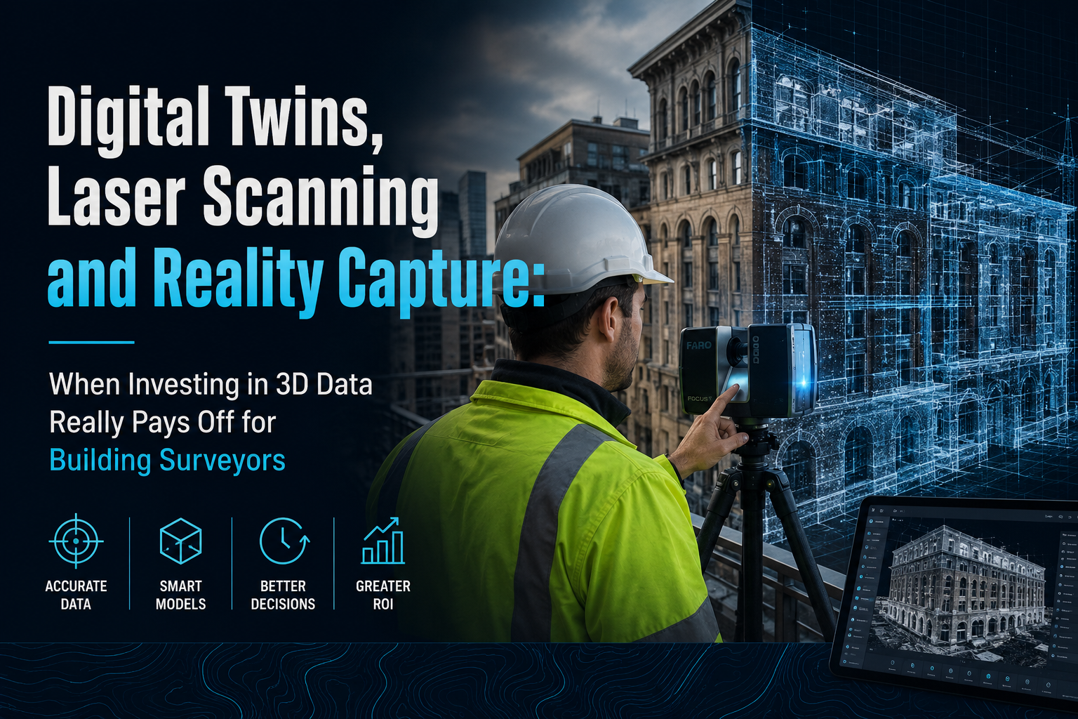 Professional landscape hero image () with : "Digital Twins, Laser Scanning and Reality Capture: When Investing in 3D Data
