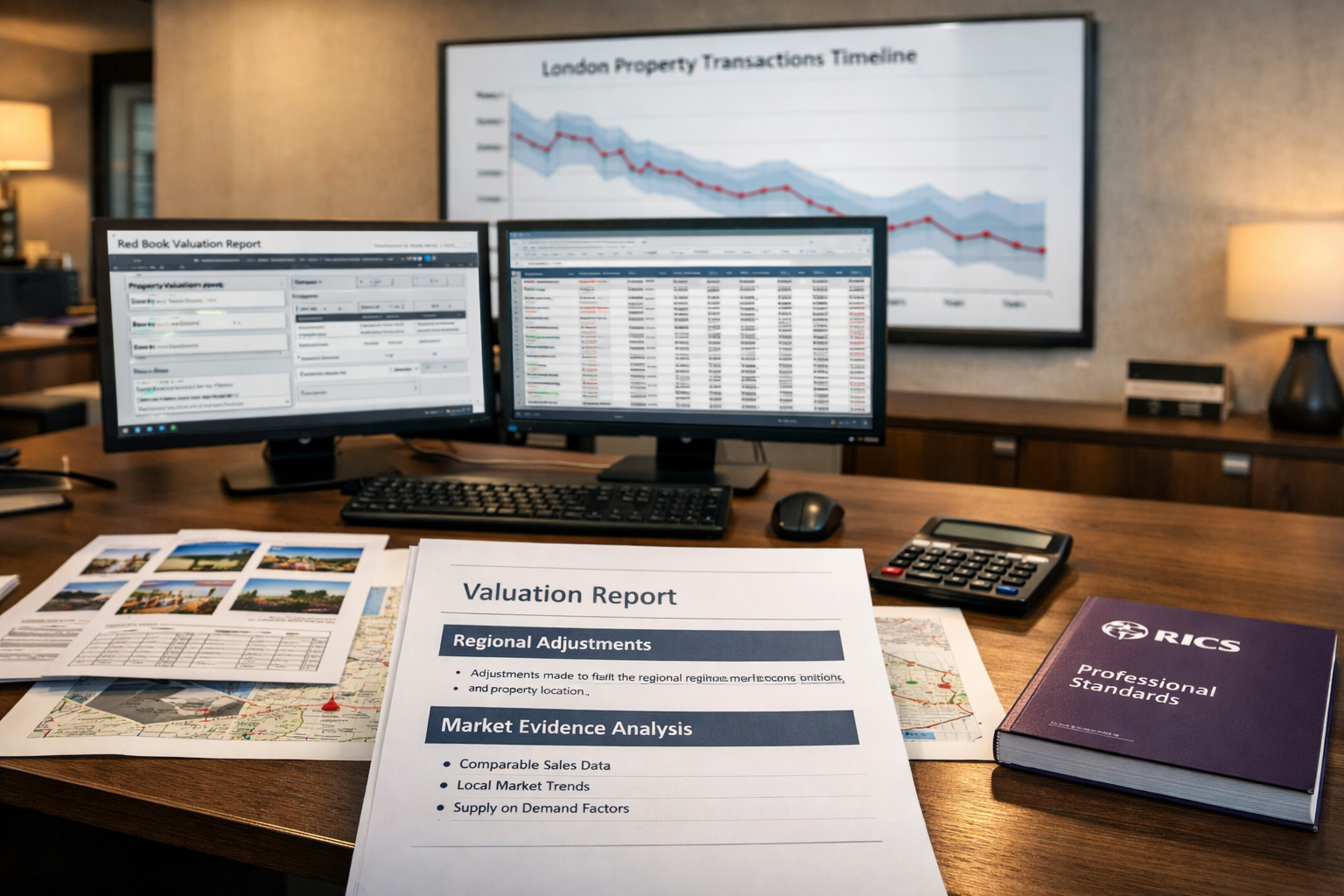 () professional office scene showing RICS chartered surveyor at modern desk with dual monitors displaying Red Book valuation