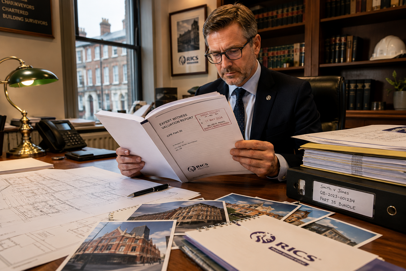 Wide-angle editorial photograph of a chartered building surveyor in professional attire sitting at a large oak desk