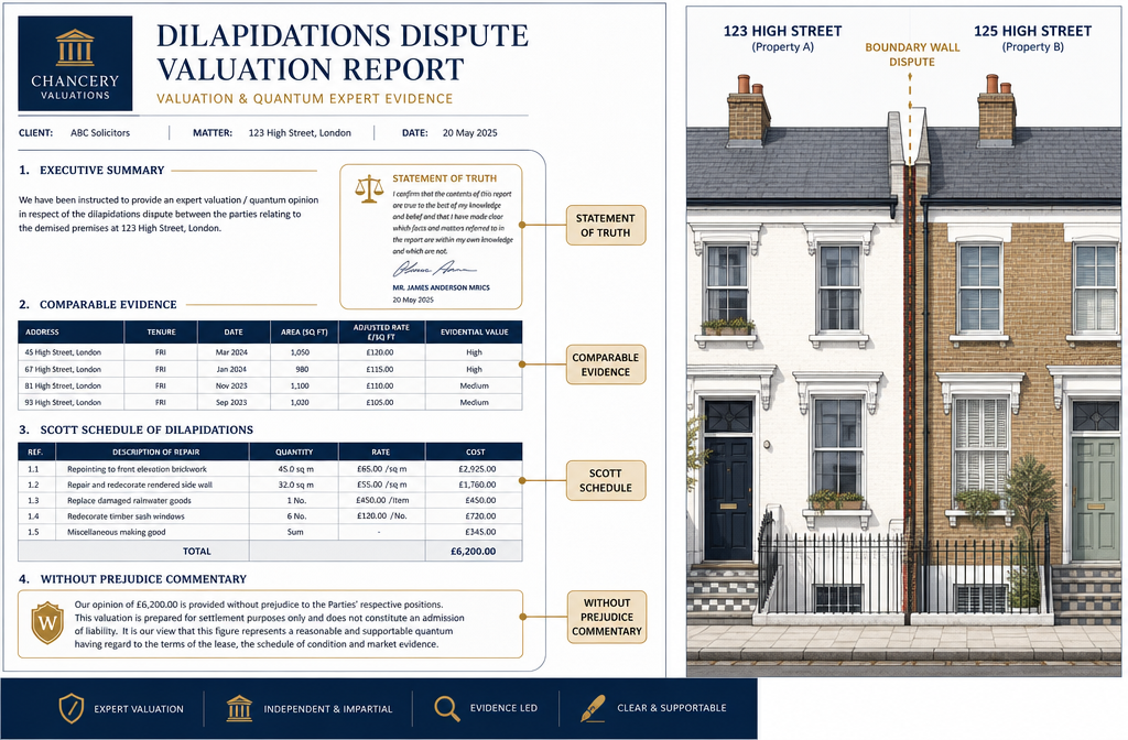 Close-up infographic-style image showing a structured valuation report template for dilapidations disputes, with annotated