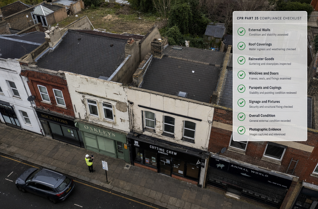 Aerial drone perspective photograph of a row of London commercial properties showing visible dilapidation damage — cracked
