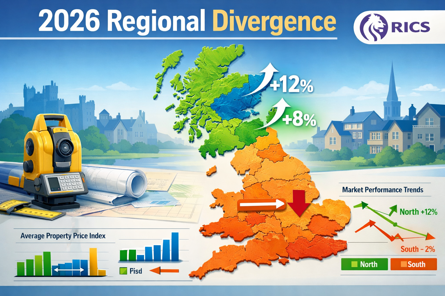 Detailed () illustration showing UK map with distinct regional zones color-coded by property price performance. Northern