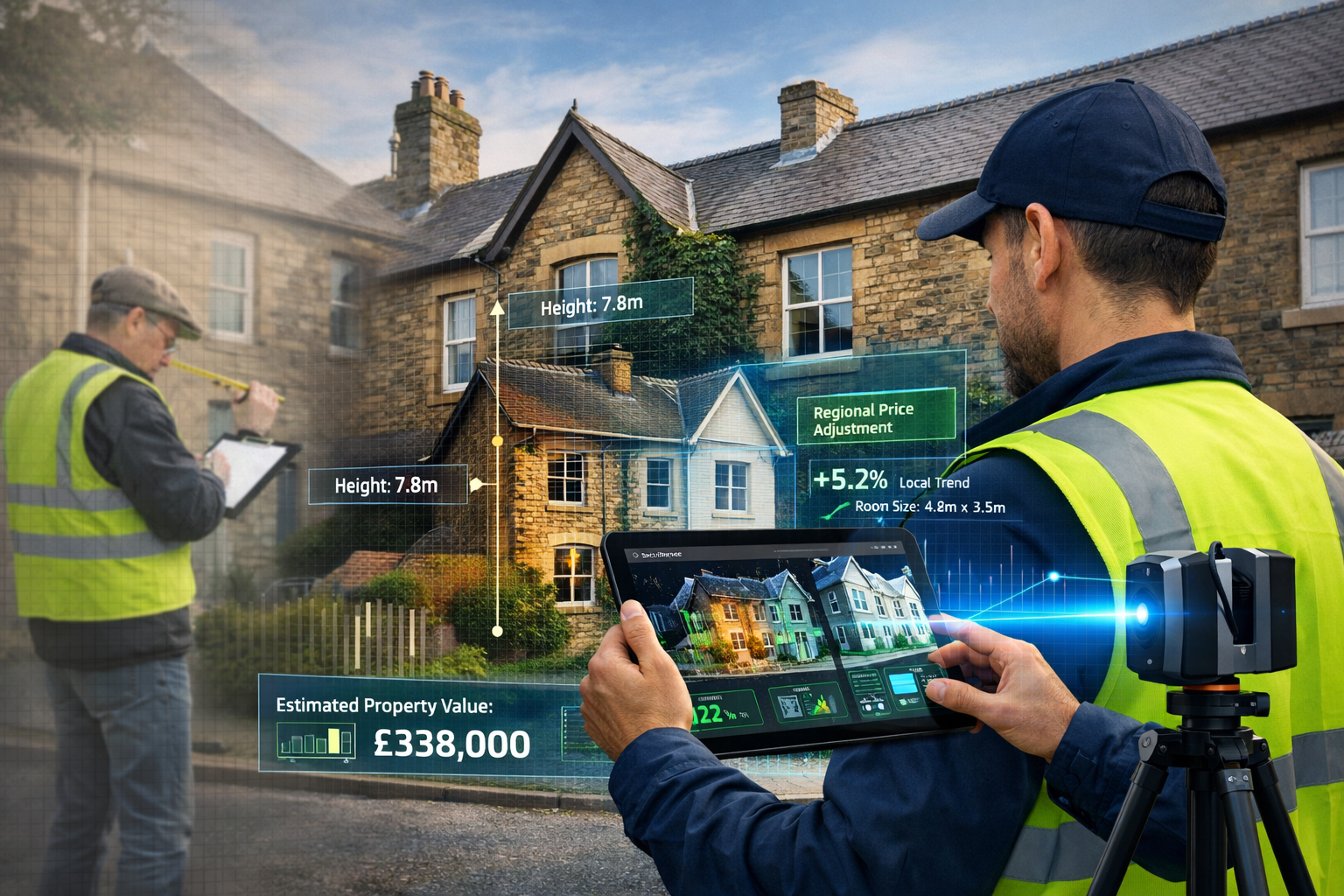 Detailed () image depicting professional surveyor conducting building assessment using advanced technology. Scene shows