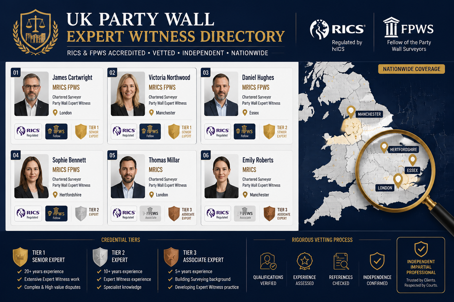() editorial infographic showing a structured UK party wall expert witness directory panel: a grid of professional surveyor