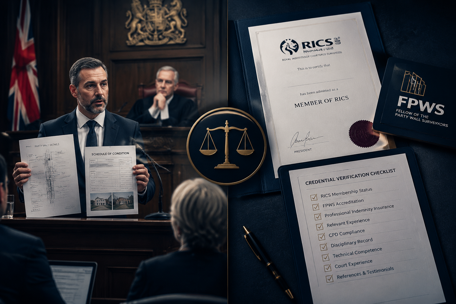 () split-composition image showing left side: a formal UK courtroom scene with a suited expert witness at a stand holding