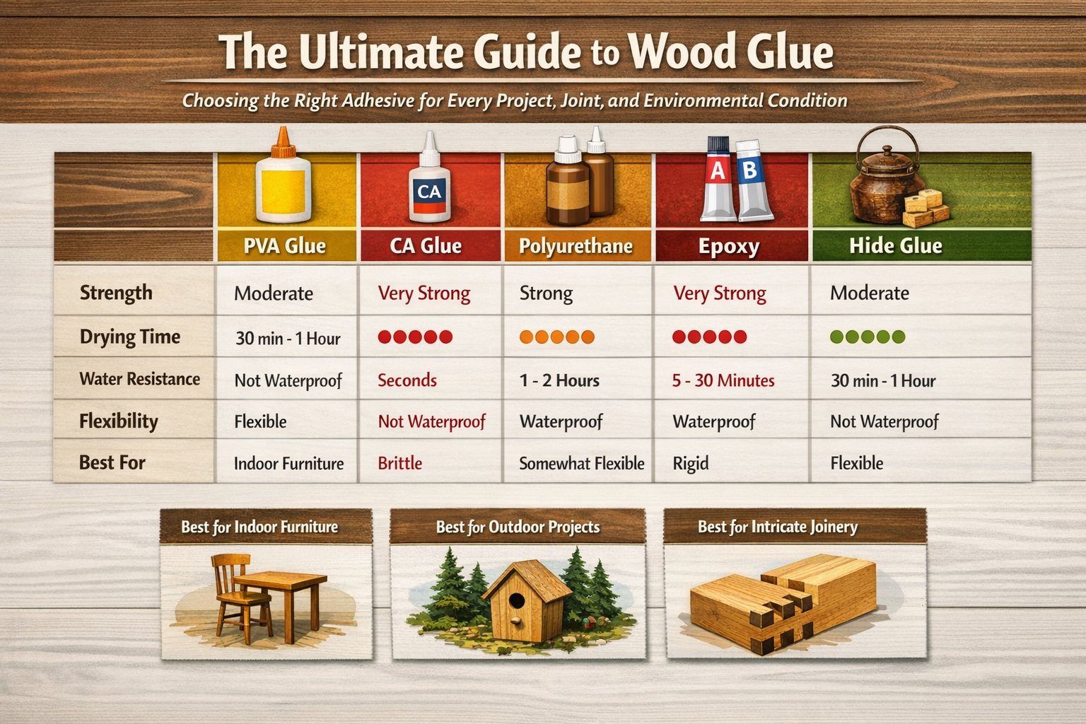 Detailed () image illustrating a comparison table or infographic of common wood glues (PVA, CA, Polyurethane, Epoxy, Hide)