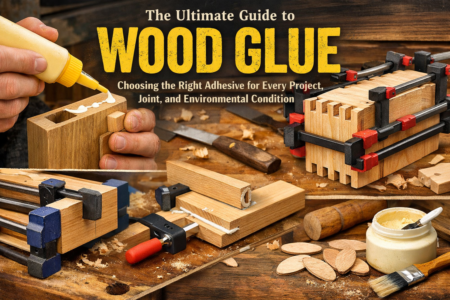 A visually dynamic () image showcasing various wood joints (dovetail, mortise and tenon, butt joint, biscuit joint) in