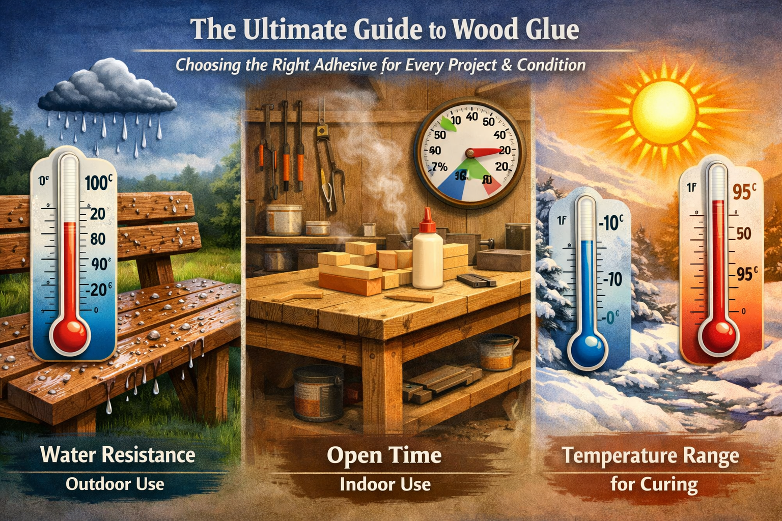 A comprehensive () image illustrating the environmental conditions impacting wood glue performance. One side depicts an