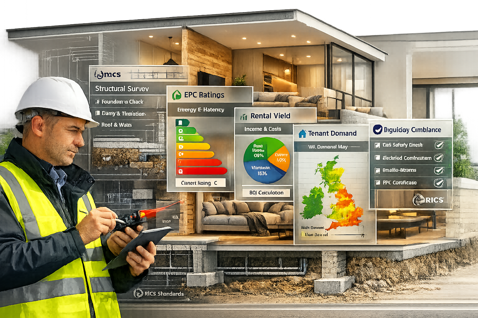 Landscape format (1536x1024) comprehensive surveyor checklist visualization displayed as layered transparent panels floating over luxury buy