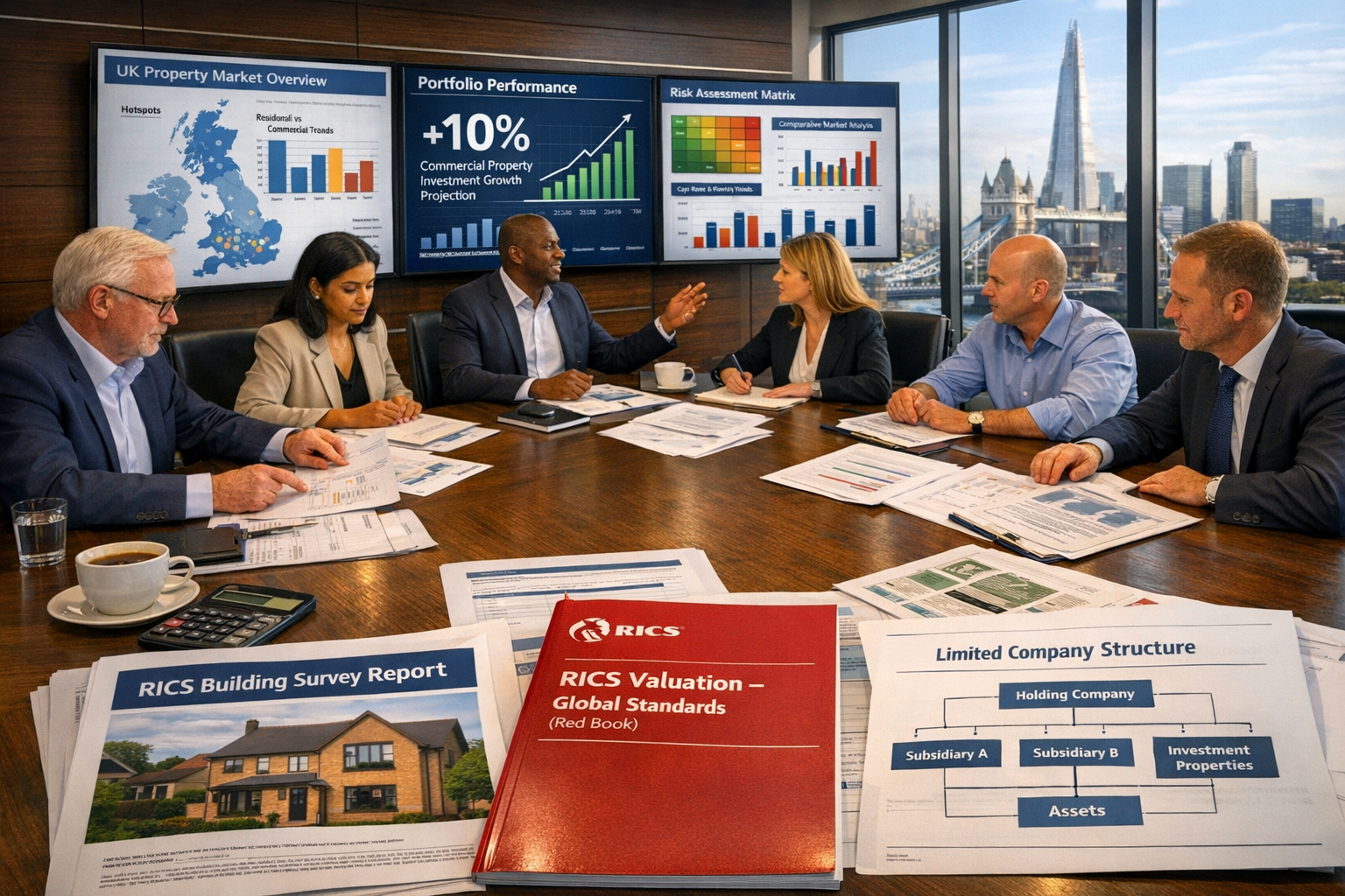 Landscape format (1536x1024) strategic portfolio management scene showing institutional investment decision-making process. Large conference