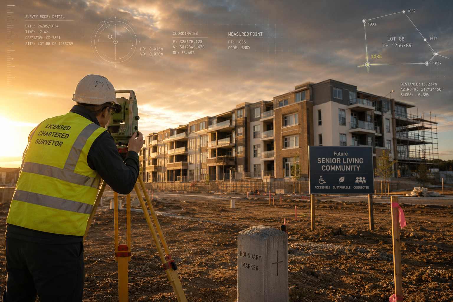 Wide-angle ground-level photograph of a licensed chartered surveyor using a total station instrument on a large senior