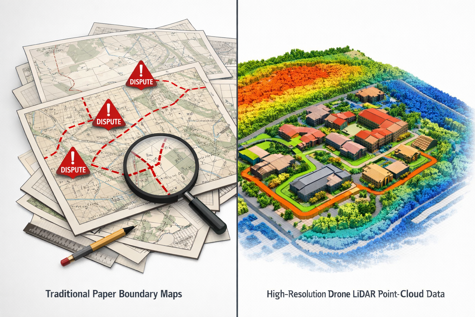 Infographic-style illustration showing a split-scene comparison: left side displays traditional paper boundary maps with red