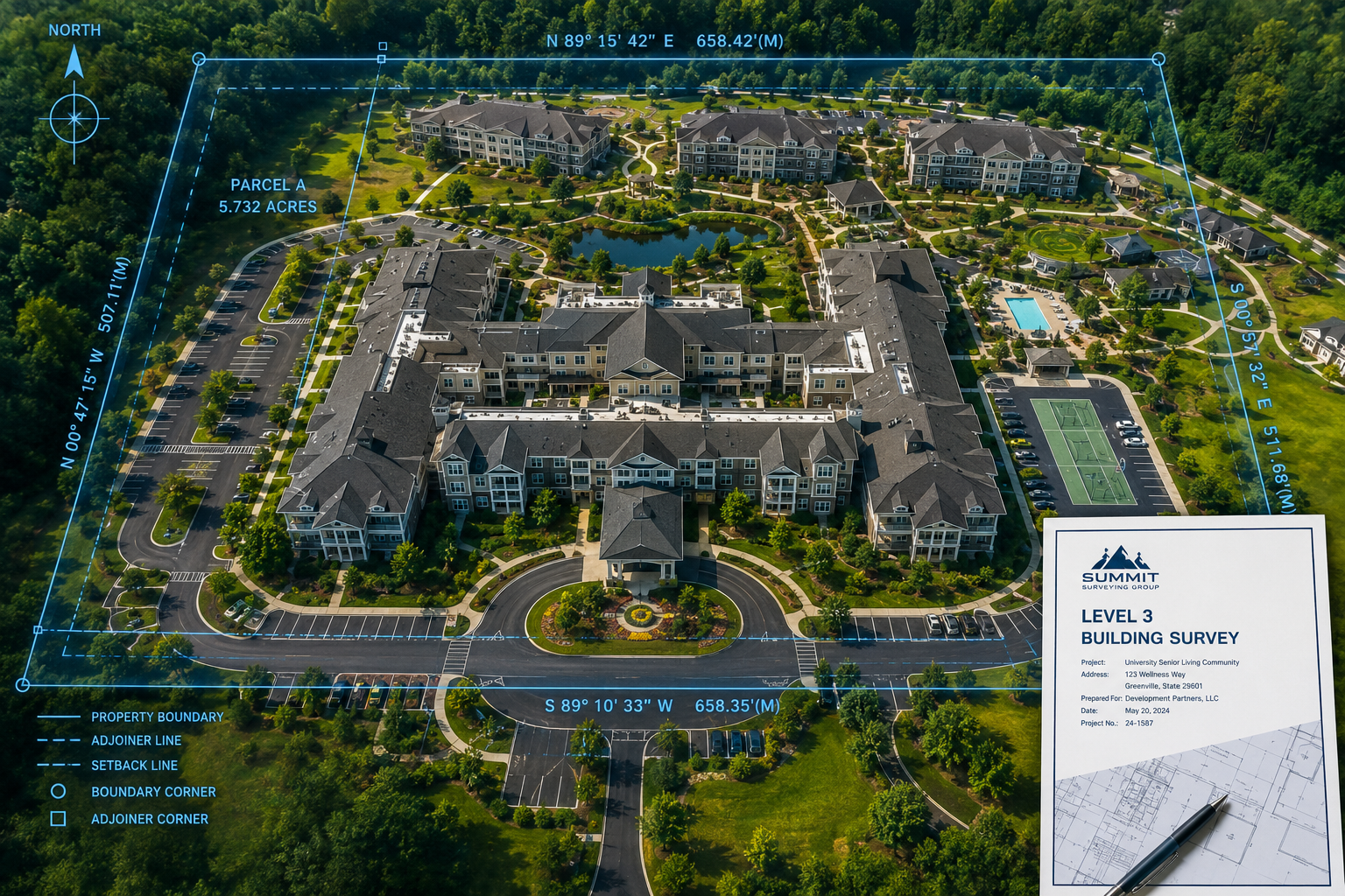 Overhead aerial drone photograph of a completed university-partnered senior living community surrounded by green wellness