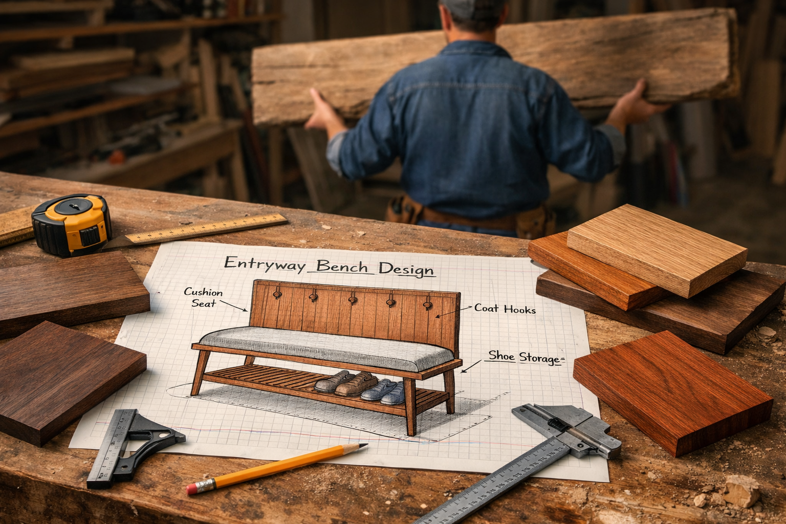 Detailed () image illustrating the initial design and material selection phase for a modern mid-century inspired entryway