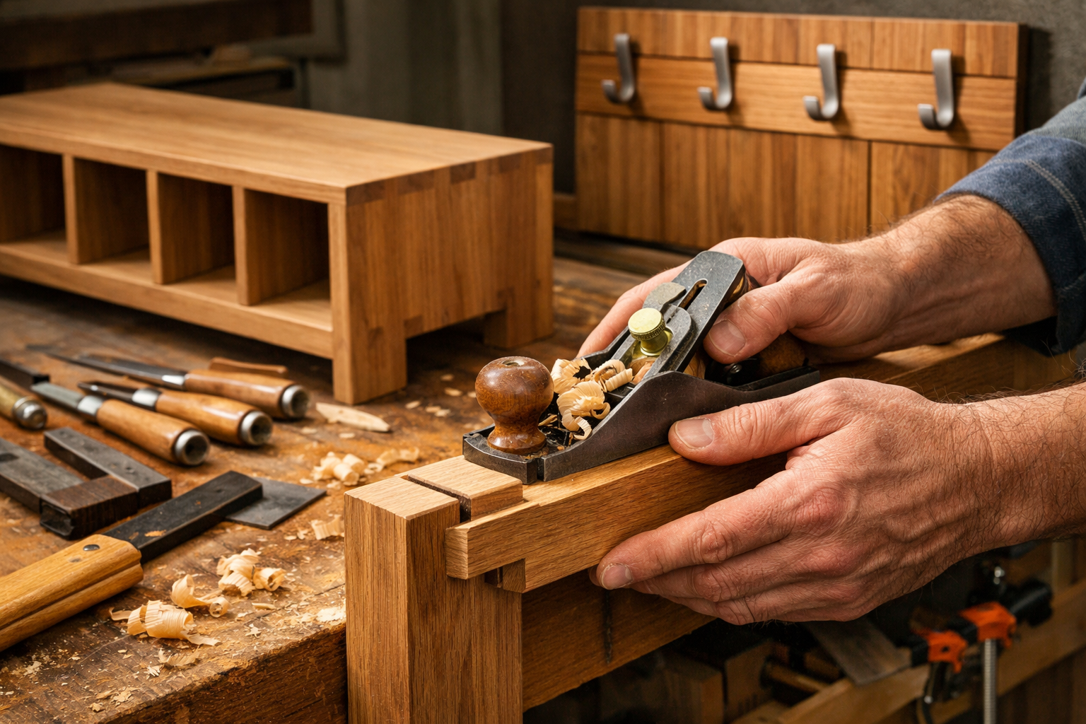 Detailed () image focusing on the construction and joinery techniques for a mid-century entryway bench. The central element