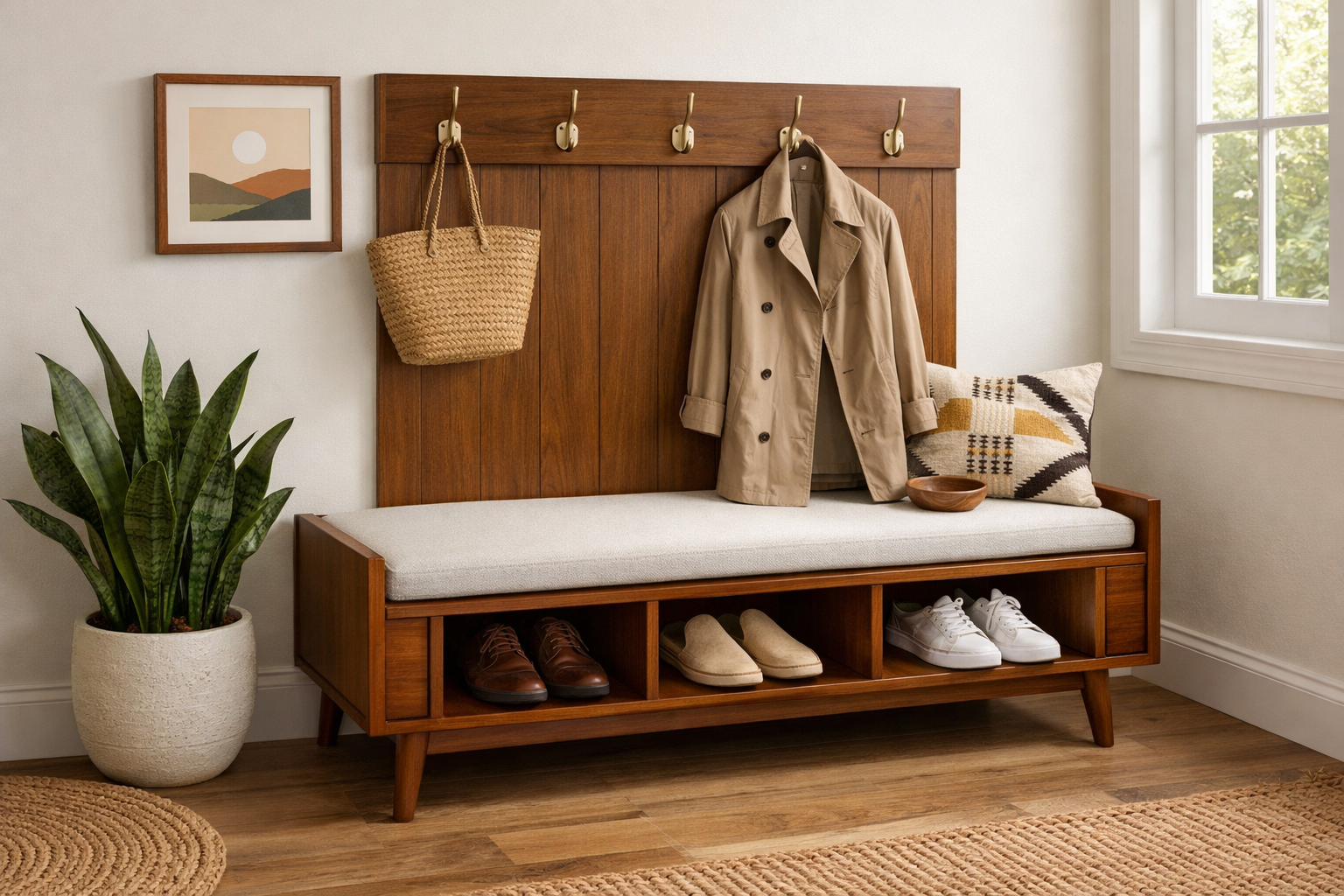 Detailed () image showcasing the completed modern mid-century inspired entryway bench in a beautifully styled home entryway.