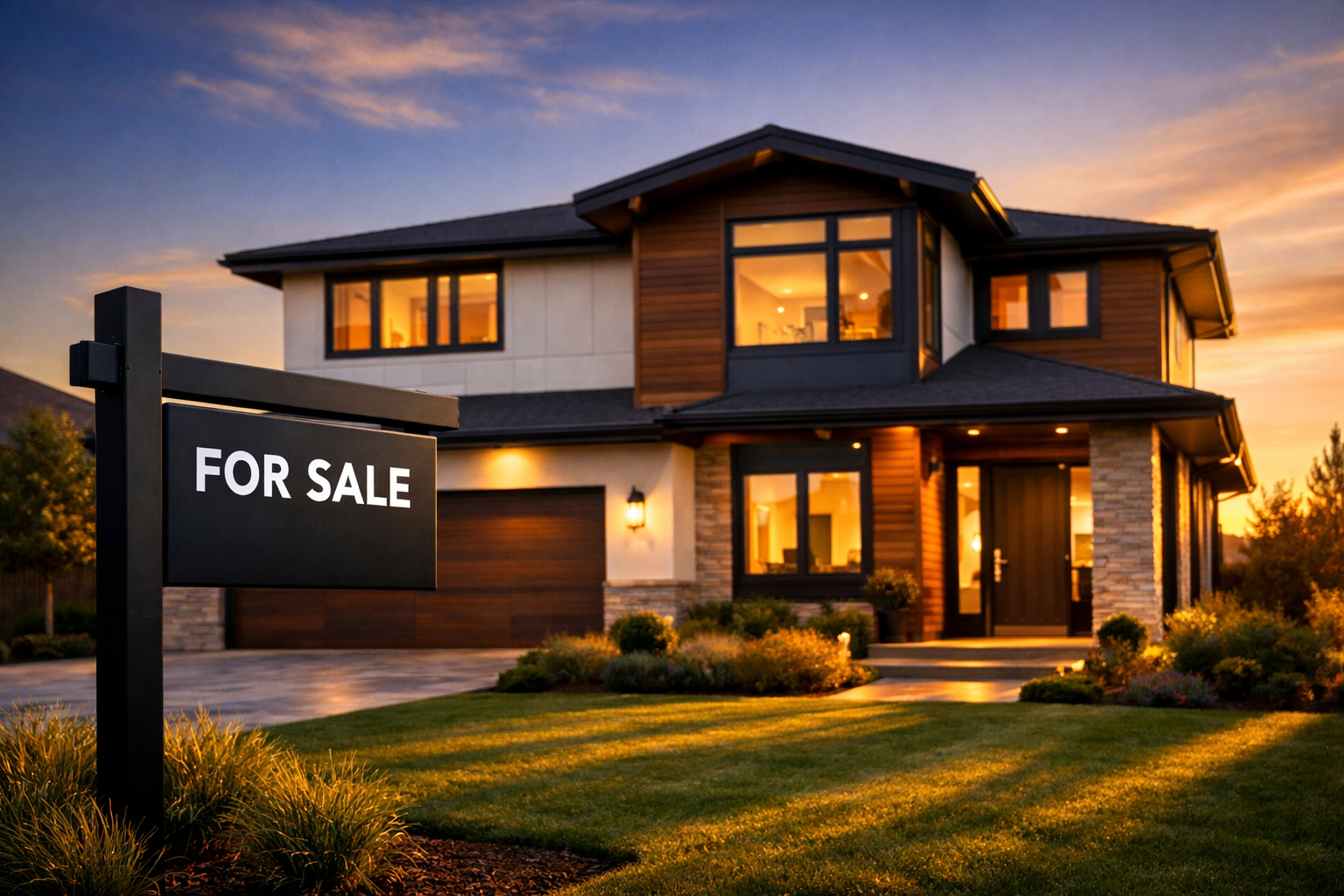 Professional landscape format (1536x1024) editorial hero image showing a modern suburban home exterior with a sleek FOR SALE sign in the man