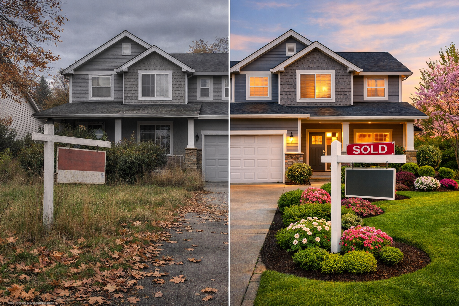 Landscape format (1536x1024) sophisticated comparison scene showing two identical suburban homes side by side in split-screen composition, l