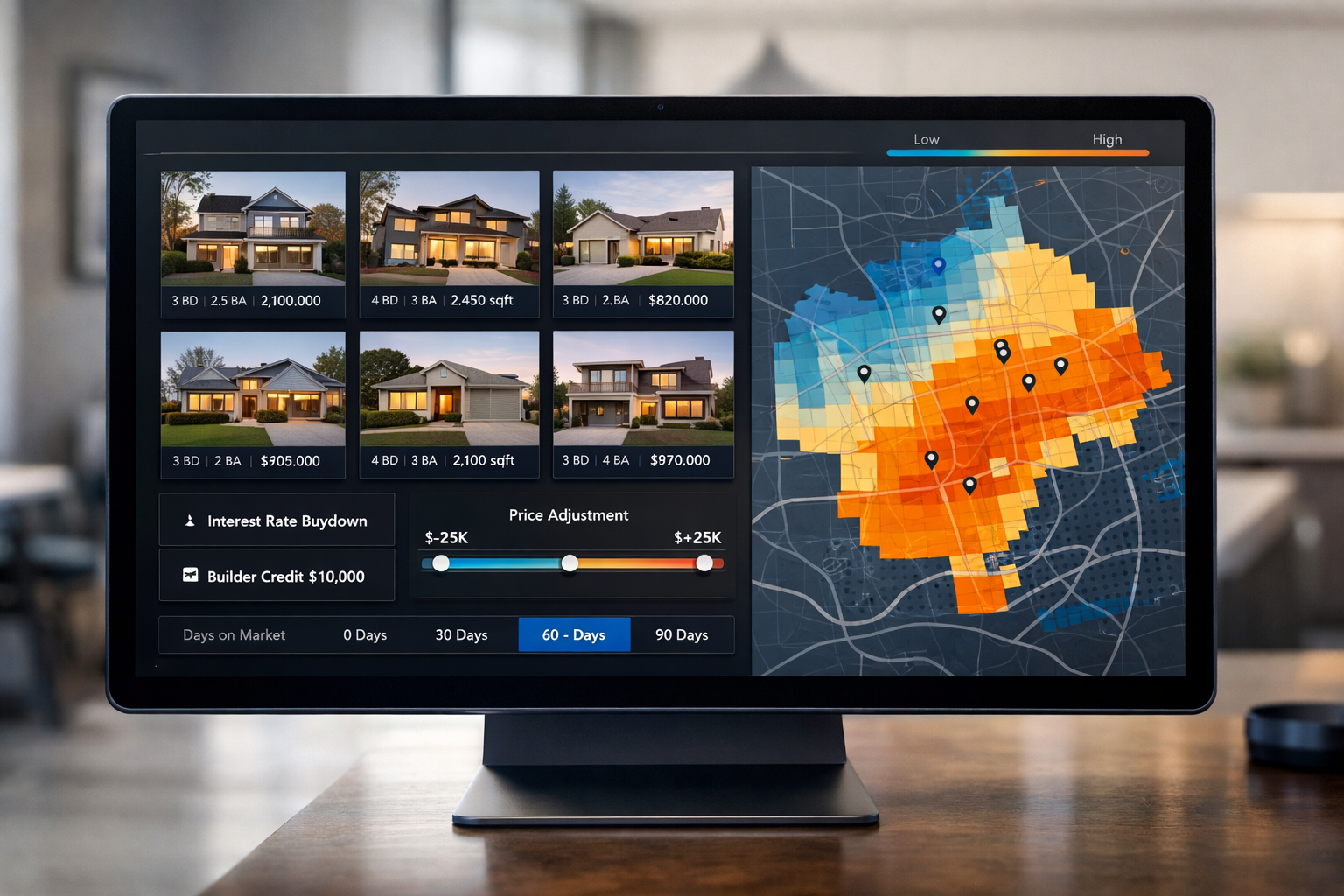 Landscape format (1536x1024) modern real estate pricing dashboard visualization showing comparative market analysis data, sleek computer scr
