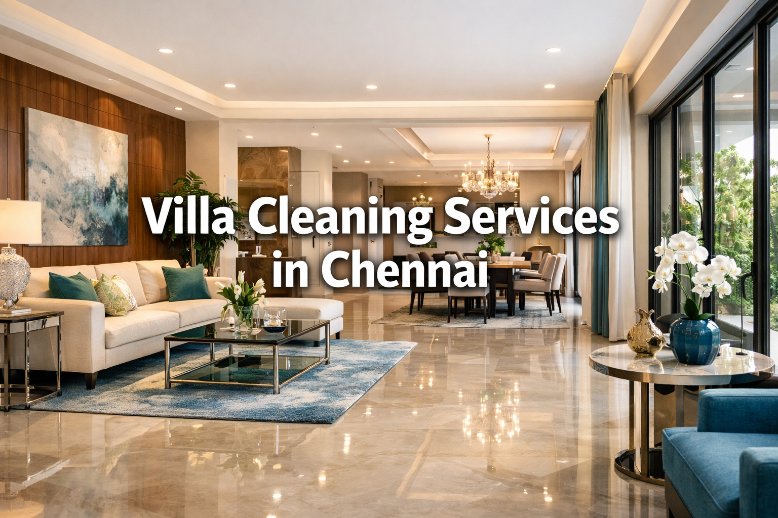 Professional landscape hero image (1536x1024) featuring a luxurious, impeccably clean villa interior in Chennai, bathed in natural light, wi