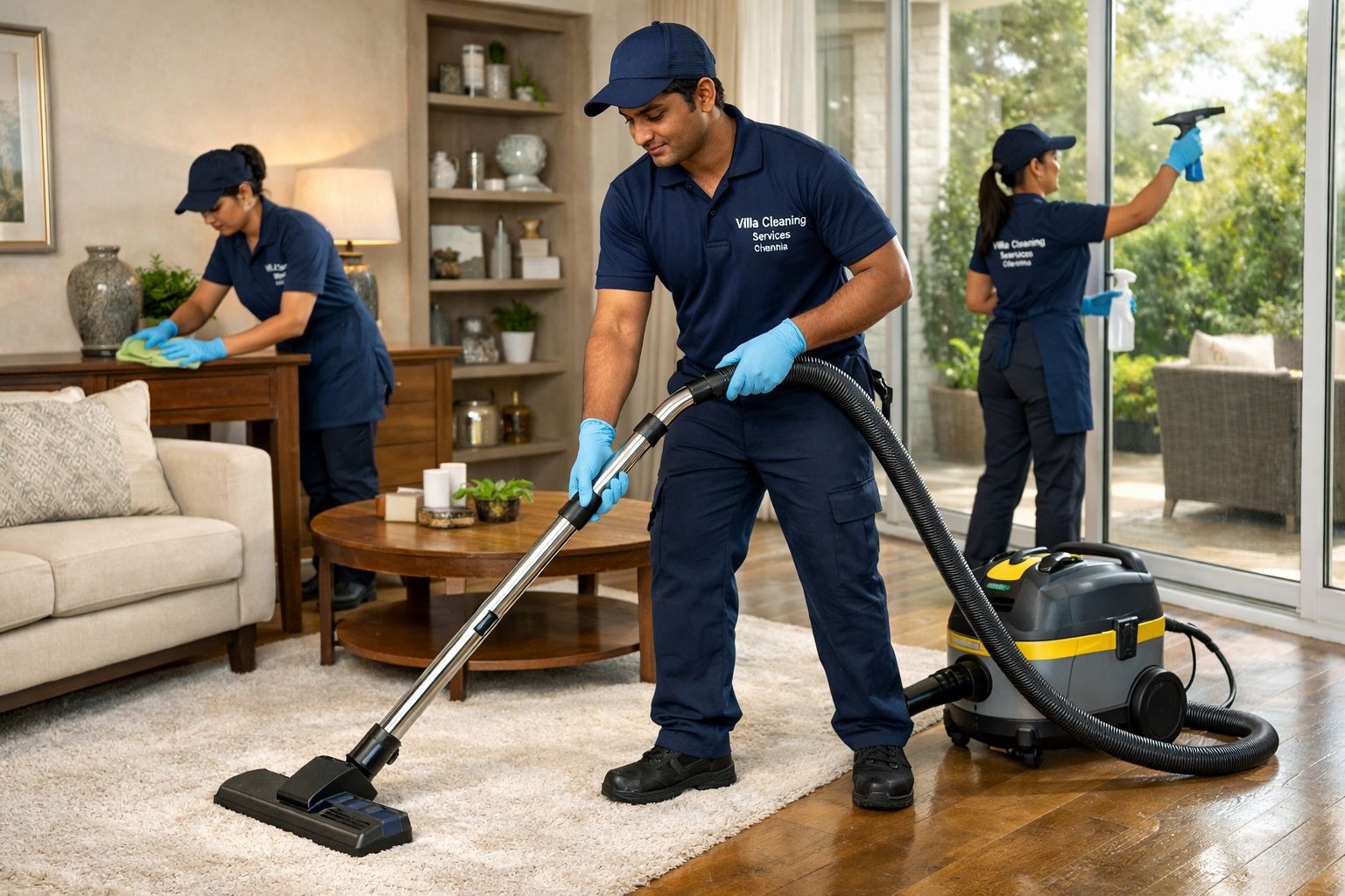 A detailed, editorial-quality landscape image (1536x1024) showing a professional cleaning team, identifiable as providing Villa Cleaning Ser