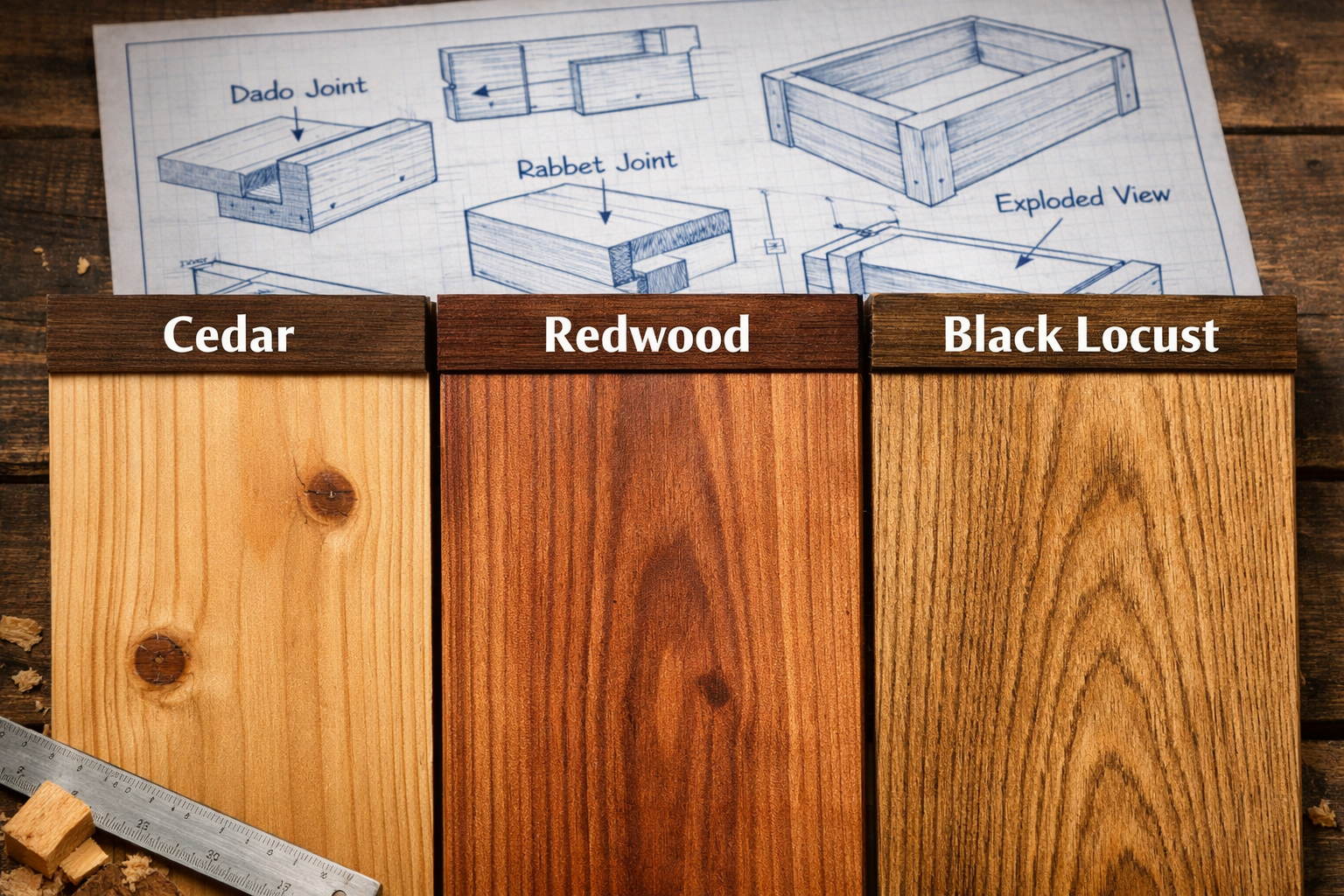 Detailed () image showing a close-up of different wood types suitable for planter boxes, arranged side-by-side with labels: