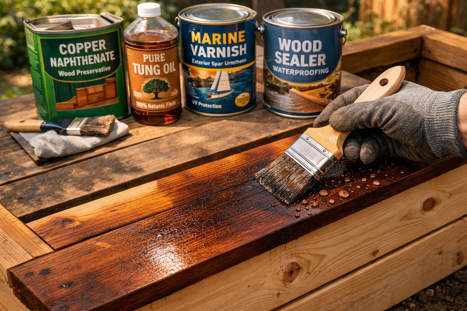 () image depicting the process of applying a weatherproofing treatment to a partially constructed wooden planter box. A