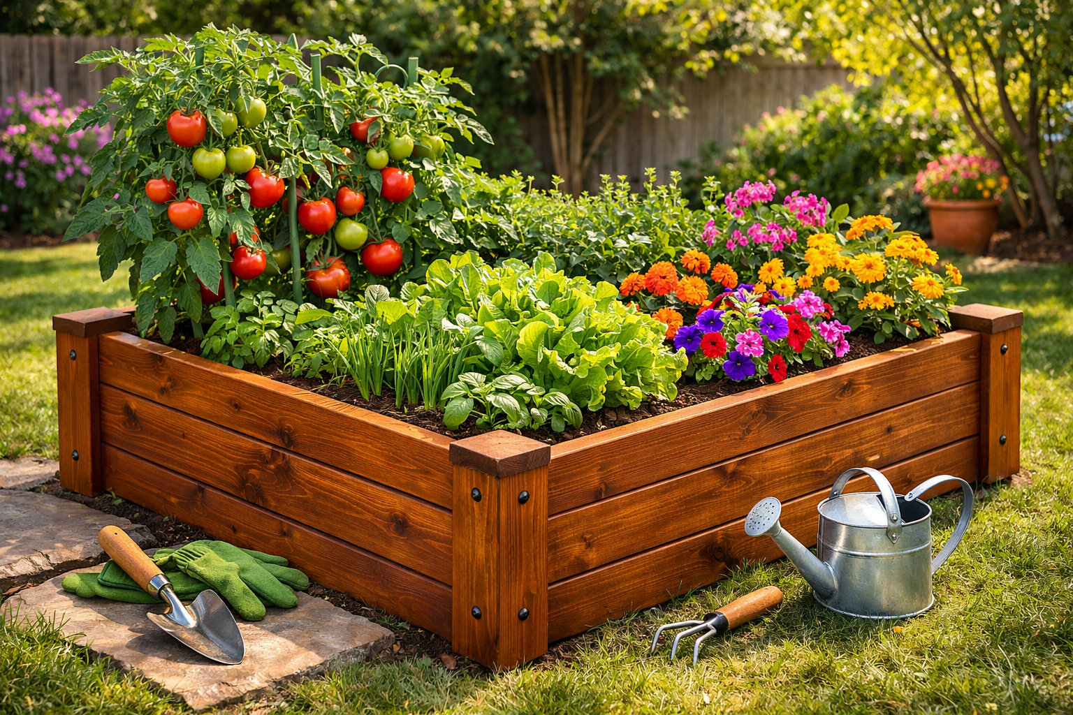 Vibrant () image showcasing a completed, aesthetically pleasing custom wooden raised garden bed brimming with flourishing