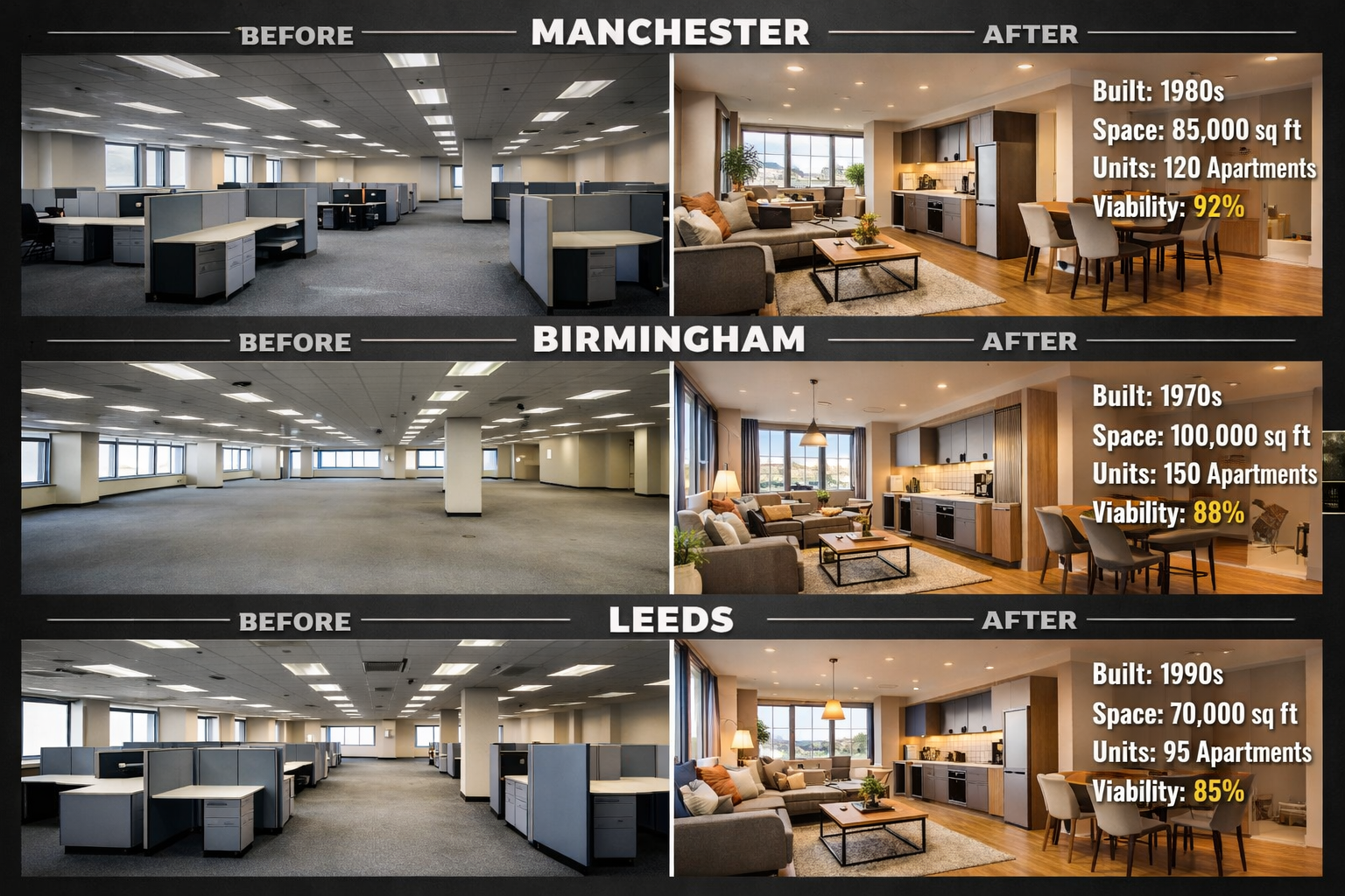 () comparative visual analysis showing regional UK recovery hub office buildings across three cities: Manchester,
