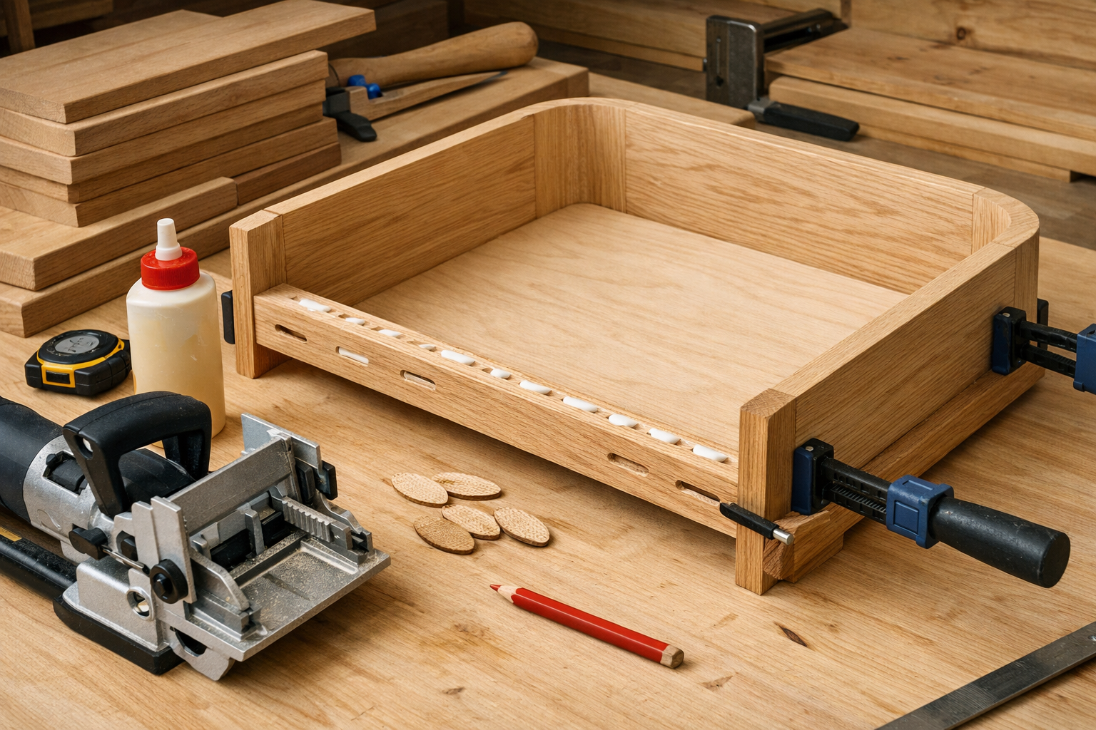 Detailed () image showing a close-up of a DIY Scandinavian-inspired dog bed frame being assembled with biscuit joints and