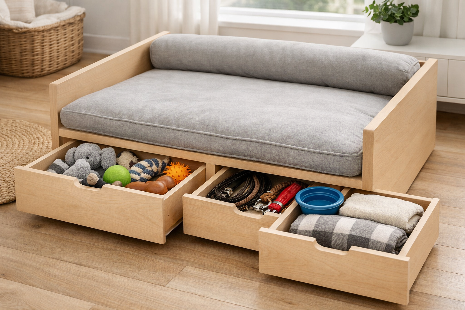 Detailed () image showcasing the integrated storage compartments of a finished Scandinavian-inspired dog bed. Drawers are