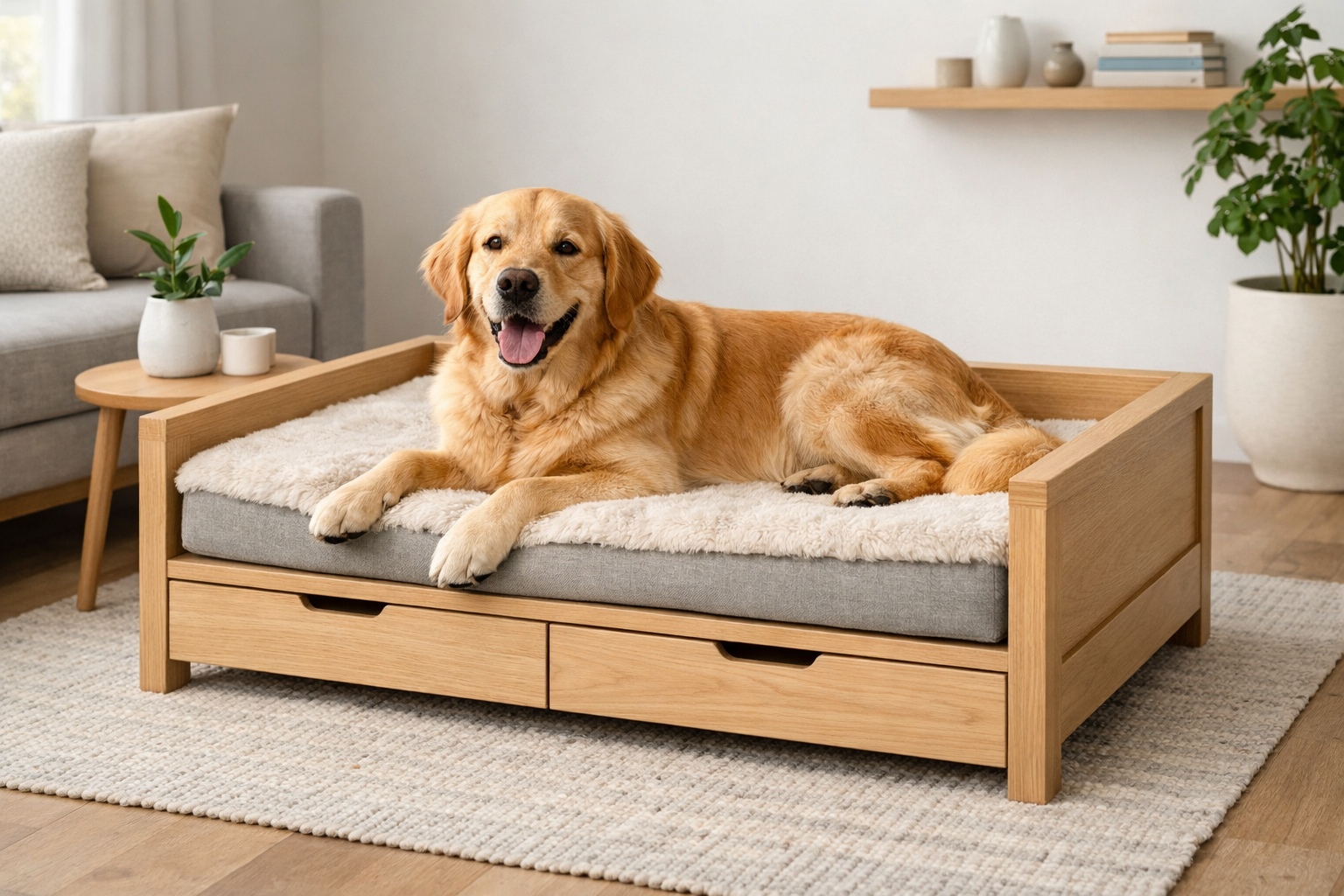 Detailed () image of a happy golden retriever comfortably resting on the completed Scandinavian-inspired dog bed, which is