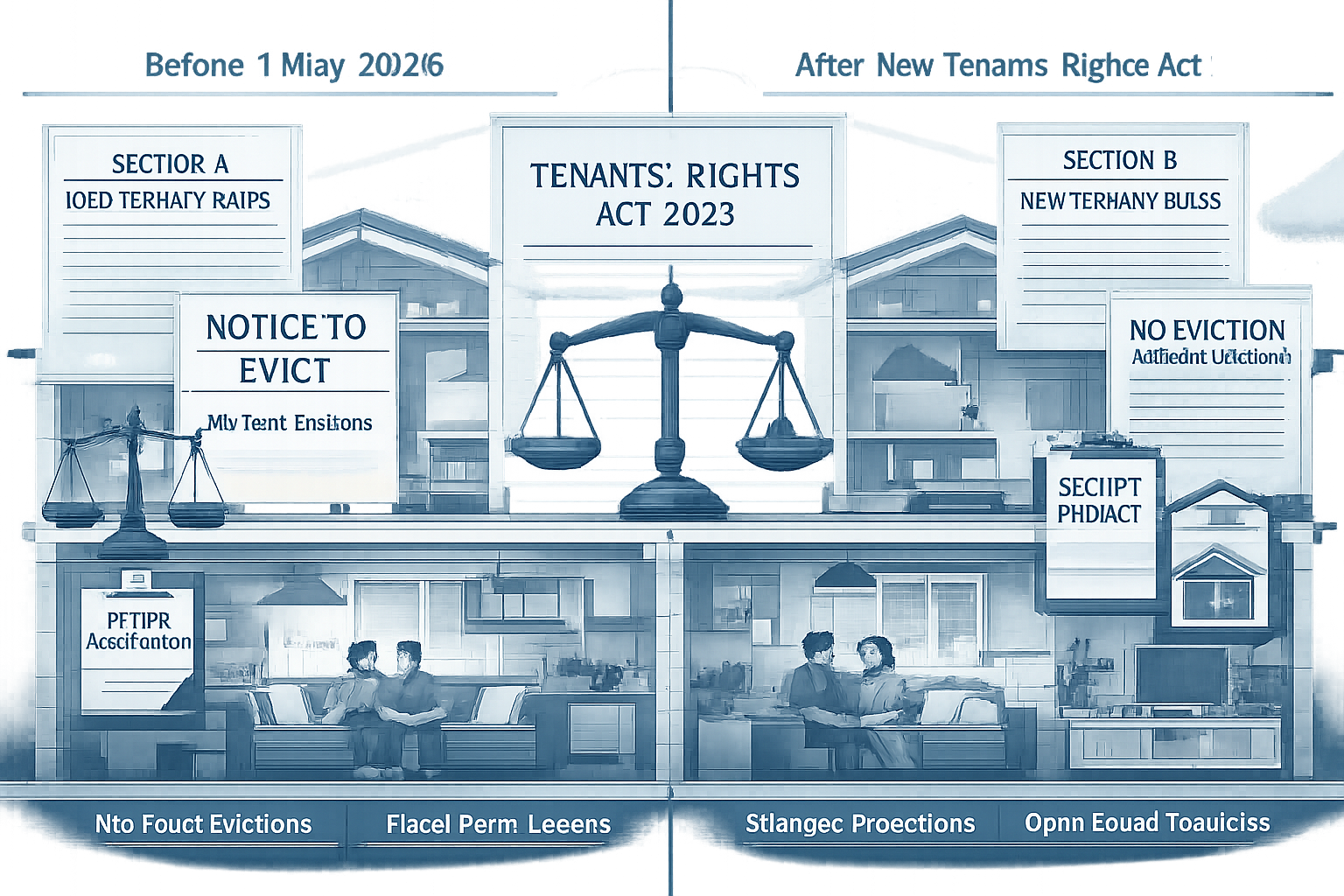 Architectural cross-section illustration depicting UK residential property landscape on 1 May 2026, showing legislative