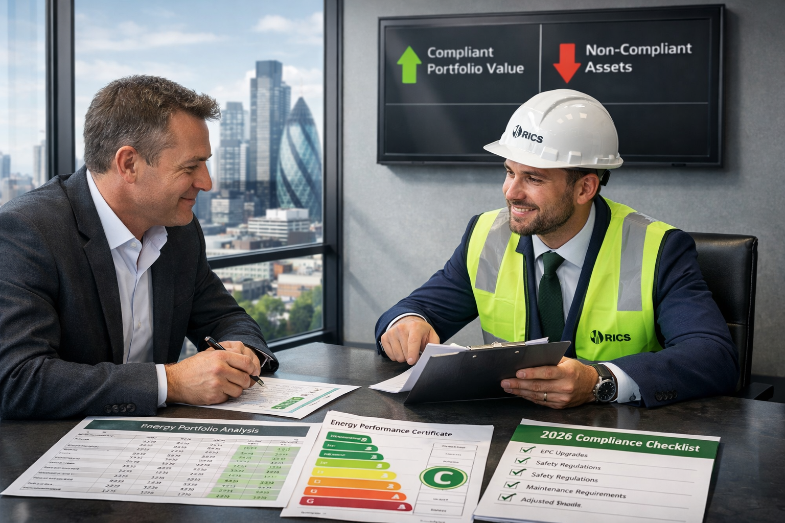 () forward-looking scene: a property investor and RICS chartered surveyor reviewing documents at a modern glass-walled