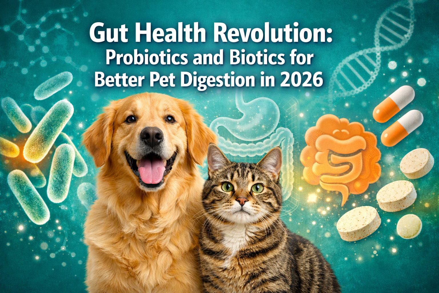 Professional landscape format (1536x1024) hero image featuring bold text overlay 'Gut Health Revolution: Probiotics and Biotics for Better P