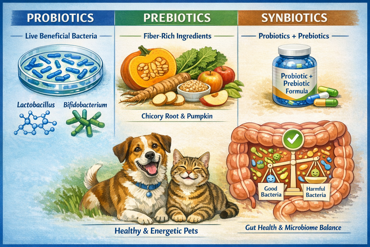 Detailed landscape format (1536x1024) educational illustration showing three distinct categories of biotics for pets: probiotics (live benef
