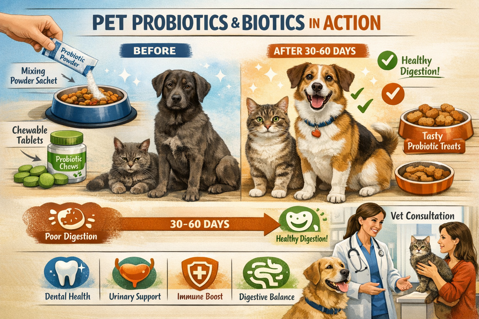 Detailed landscape format (1536x1024) practical guide showing real-world application of pet probiotics and biotics, featuring various supple